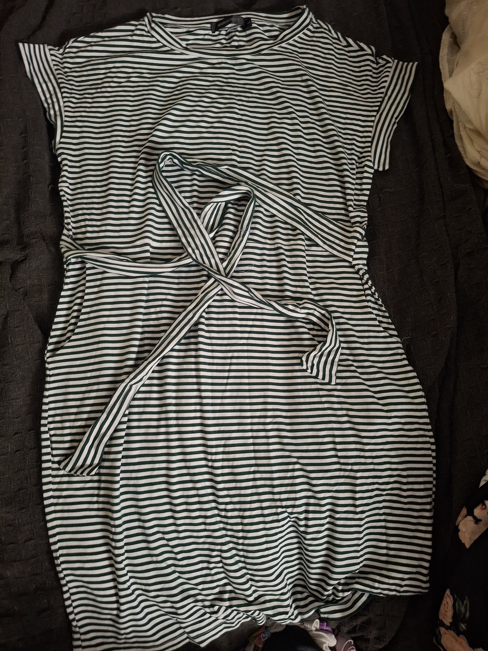 Striped Black and White Midi Dress with Self Tie Belt